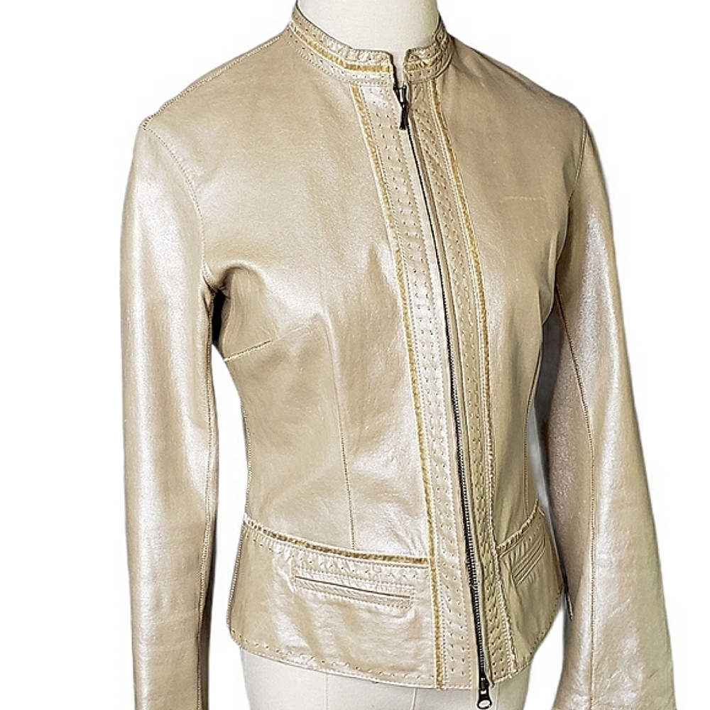 Anthropologie June Leather Moto Gold Patina Velvet Trim Jacket Size Small